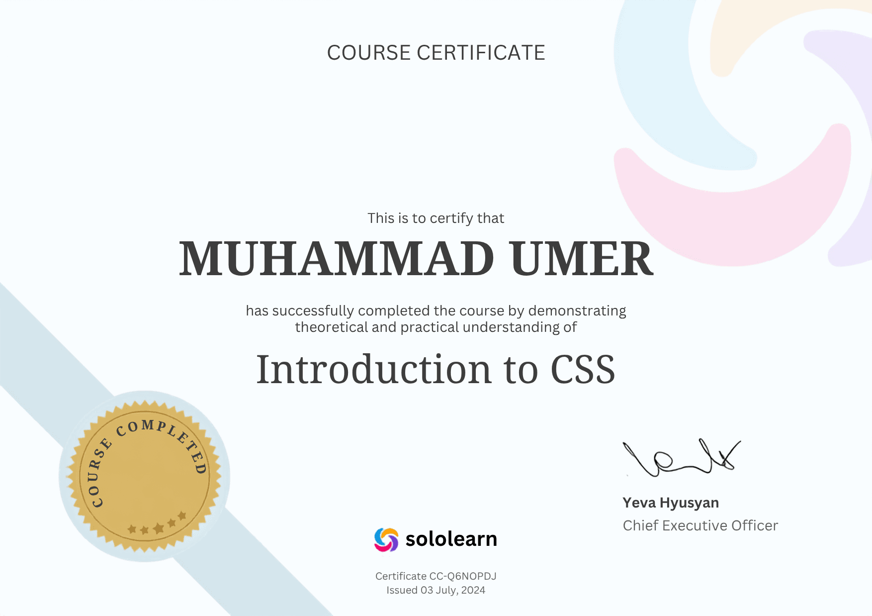 Introduction To CSS certificate from SoloLearn