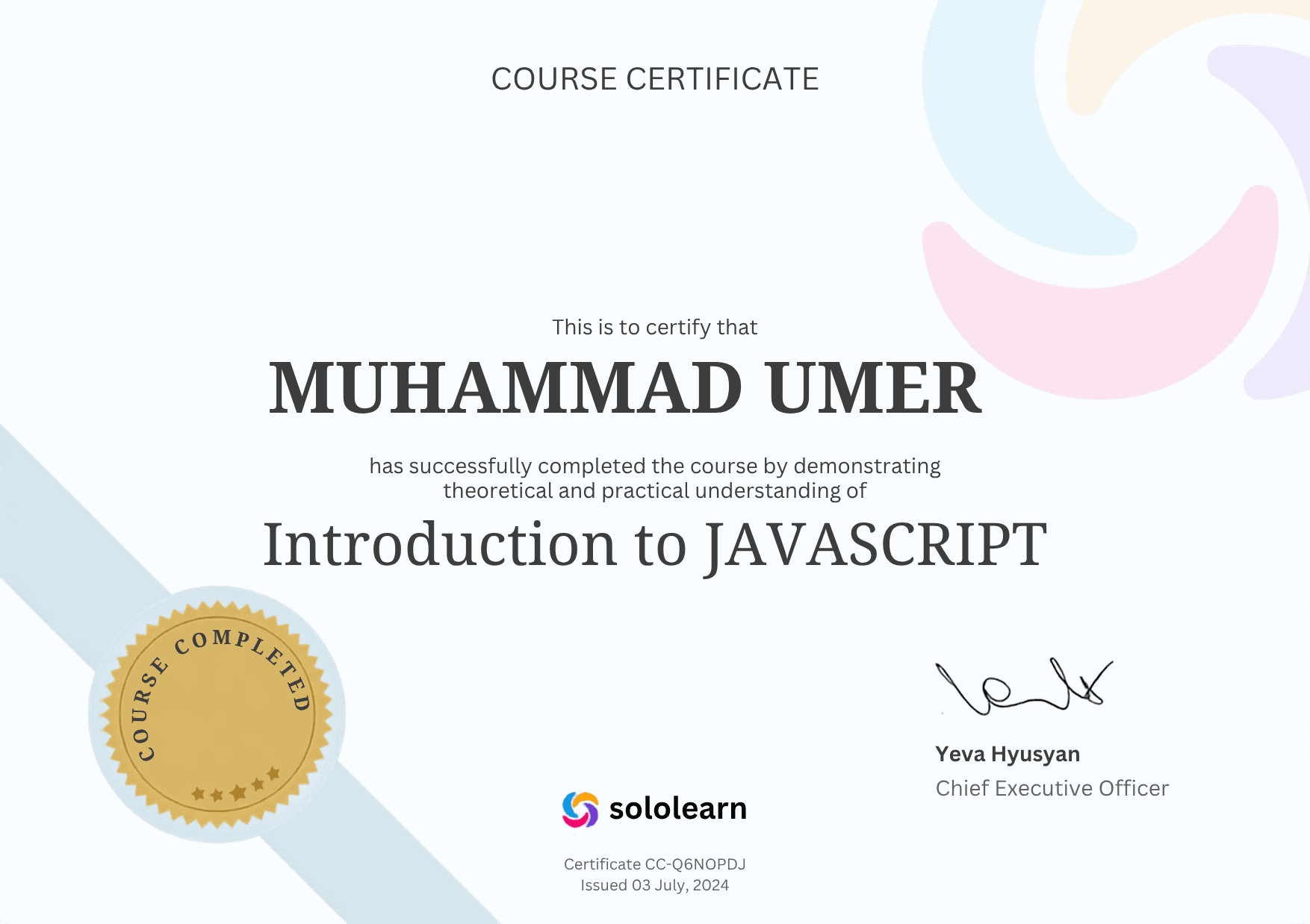 Introduction To JavaScript certificate from SoloLearn