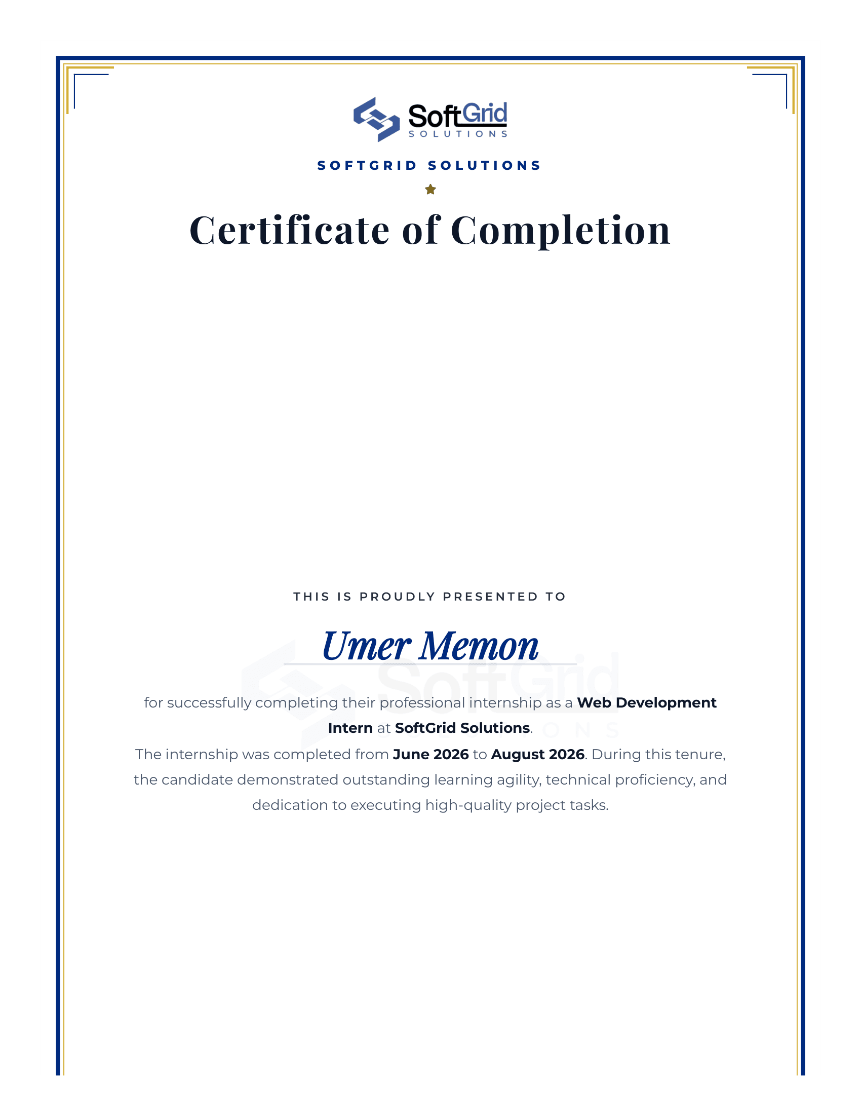 2 Months internship at SoftGrid Solutions certificate from SoftGrid Solutions